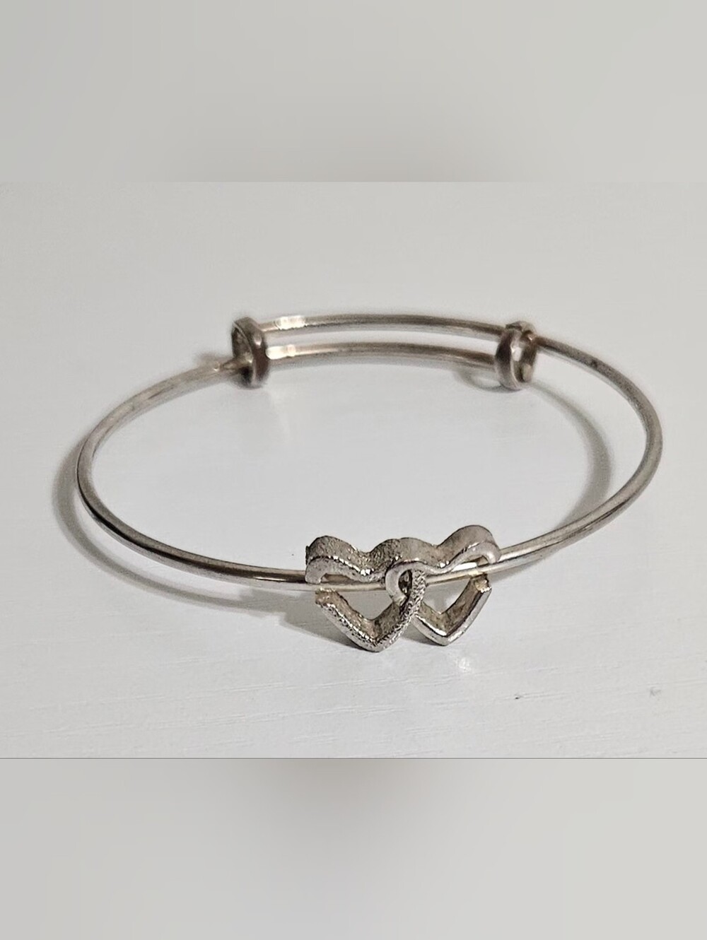 Silver Double Heart Adjustable Bangle Bracelet